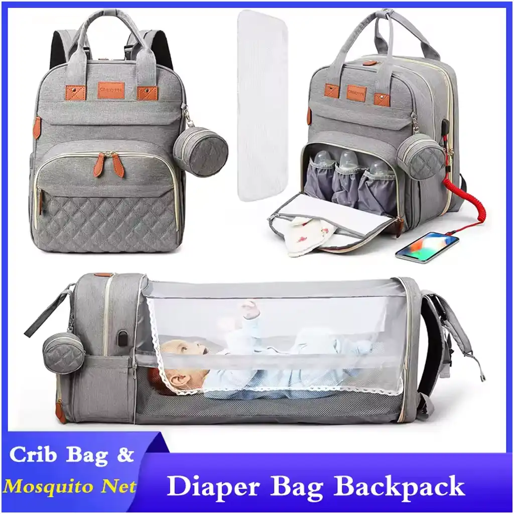 3-in-1 Baby Diaper Backpack with Foldable Bed & USB Charger 3-in-1 Baby Diaper Backpack with Foldable Bed & USB Charger