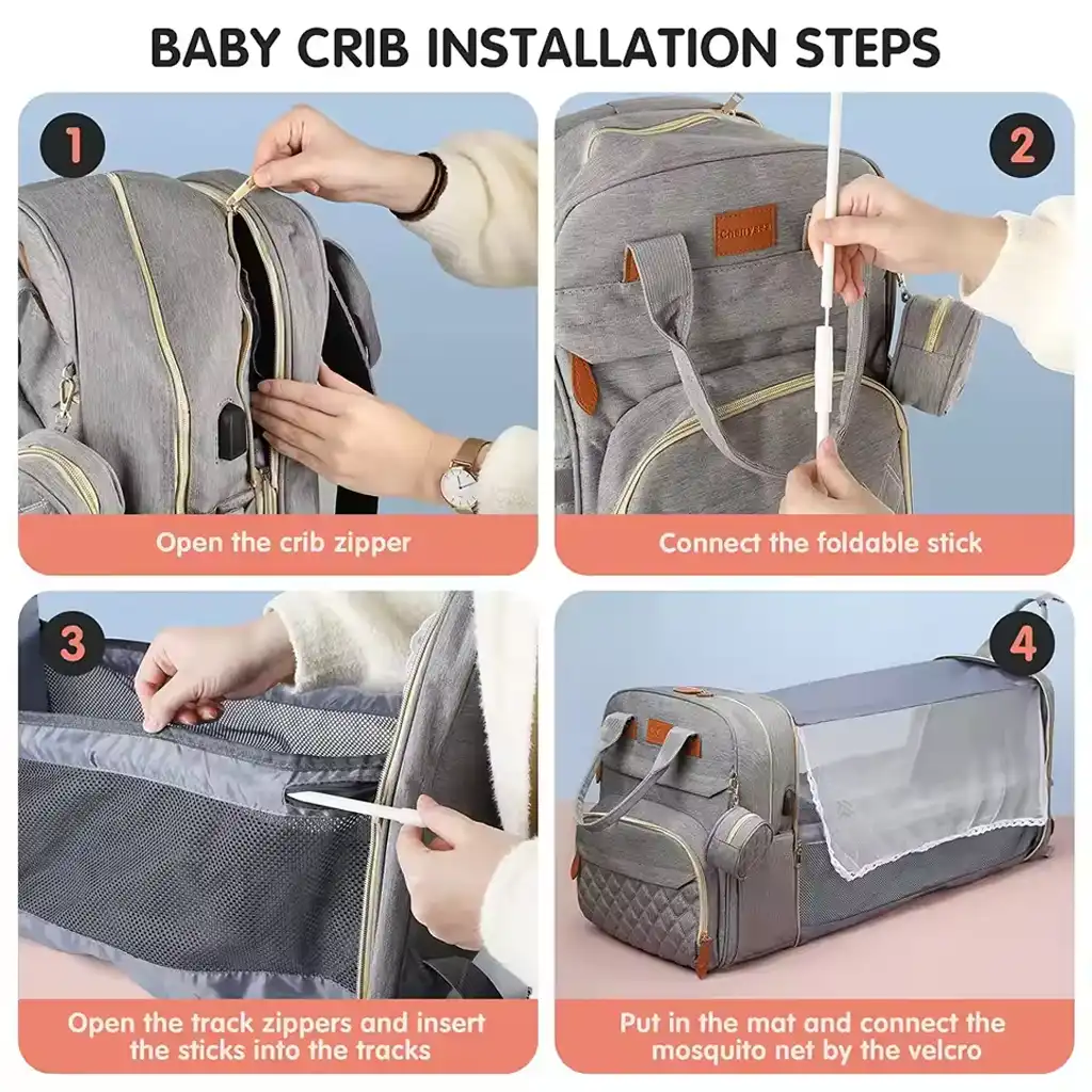 3-in-1 Baby Diaper Backpack with Foldable Bed & USB Charger 3-in-1 Baby Diaper Backpack with Foldable Bed & USB Charger