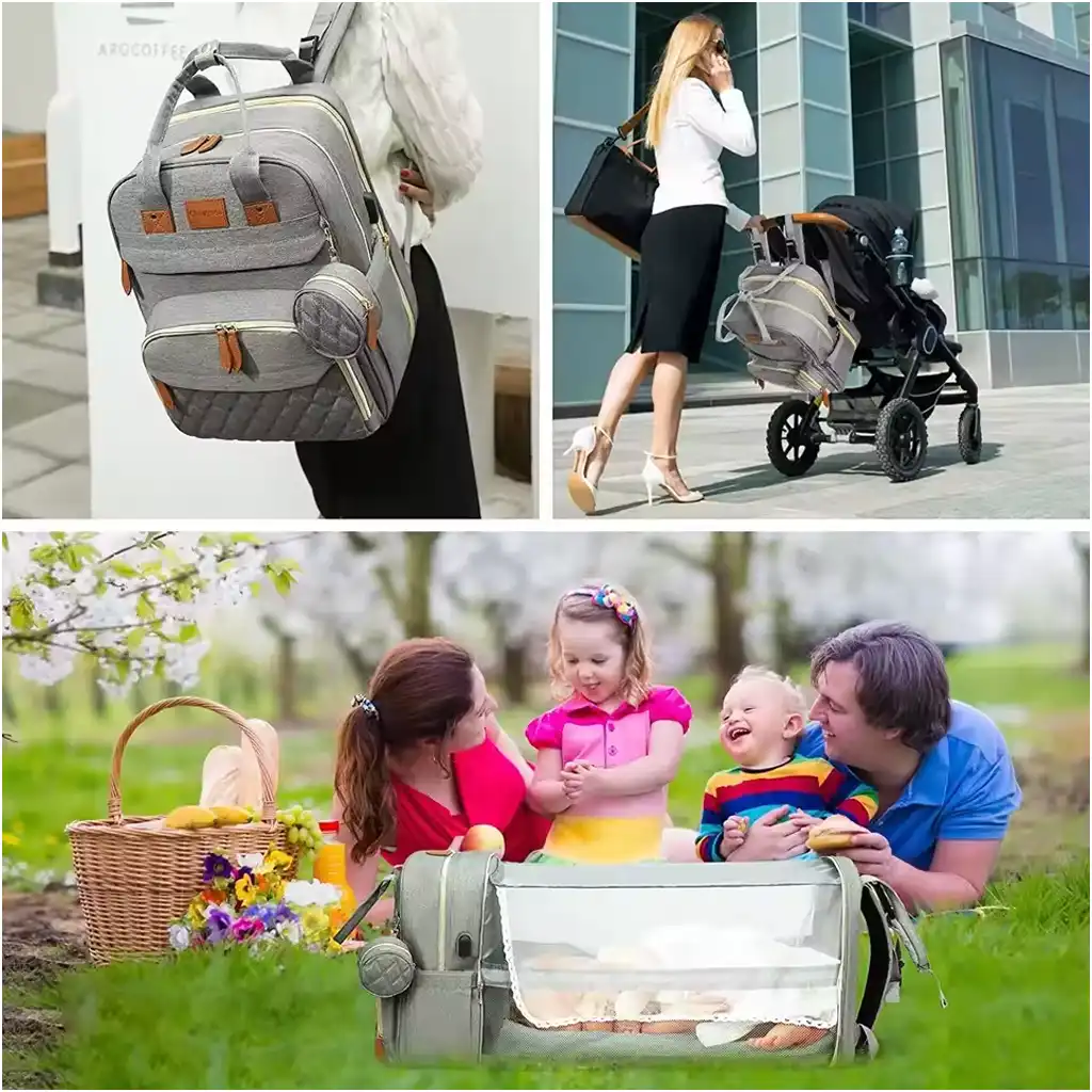 3-in-1 Baby Diaper Backpack with Foldable Bed & USB Charger 3-in-1 Baby Diaper Backpack with Foldable Bed & USB Charger