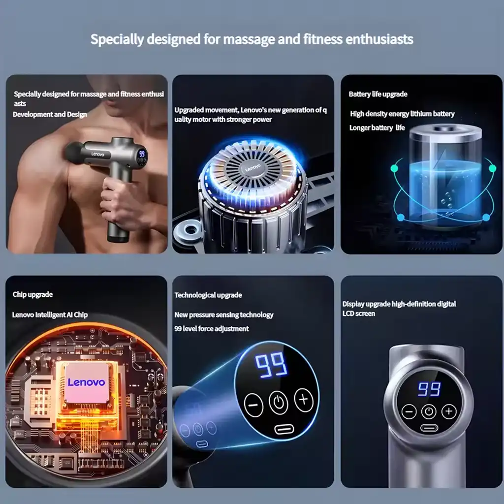 Lenovo Fascia Massage Gun with LED Touch & 8 Attachments Lenovo Fascia Massage Gun with LED Touch & 8 Attachments
