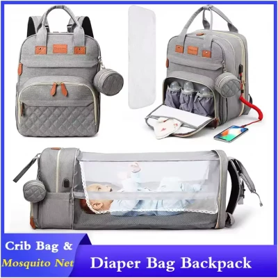 3-in-1 Baby Diaper Backpack with Foldable Bed & USB Charger